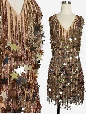 Nasty Gal Gold Star Tassel Beaded Plunge Mini dress party maximalist holiday S